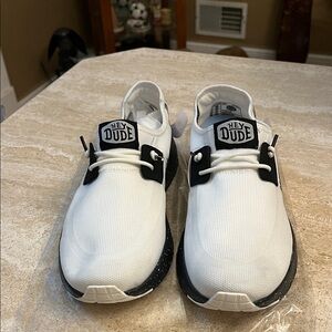 EUC - Hey Dude Men's White Sneakers with Black Accents